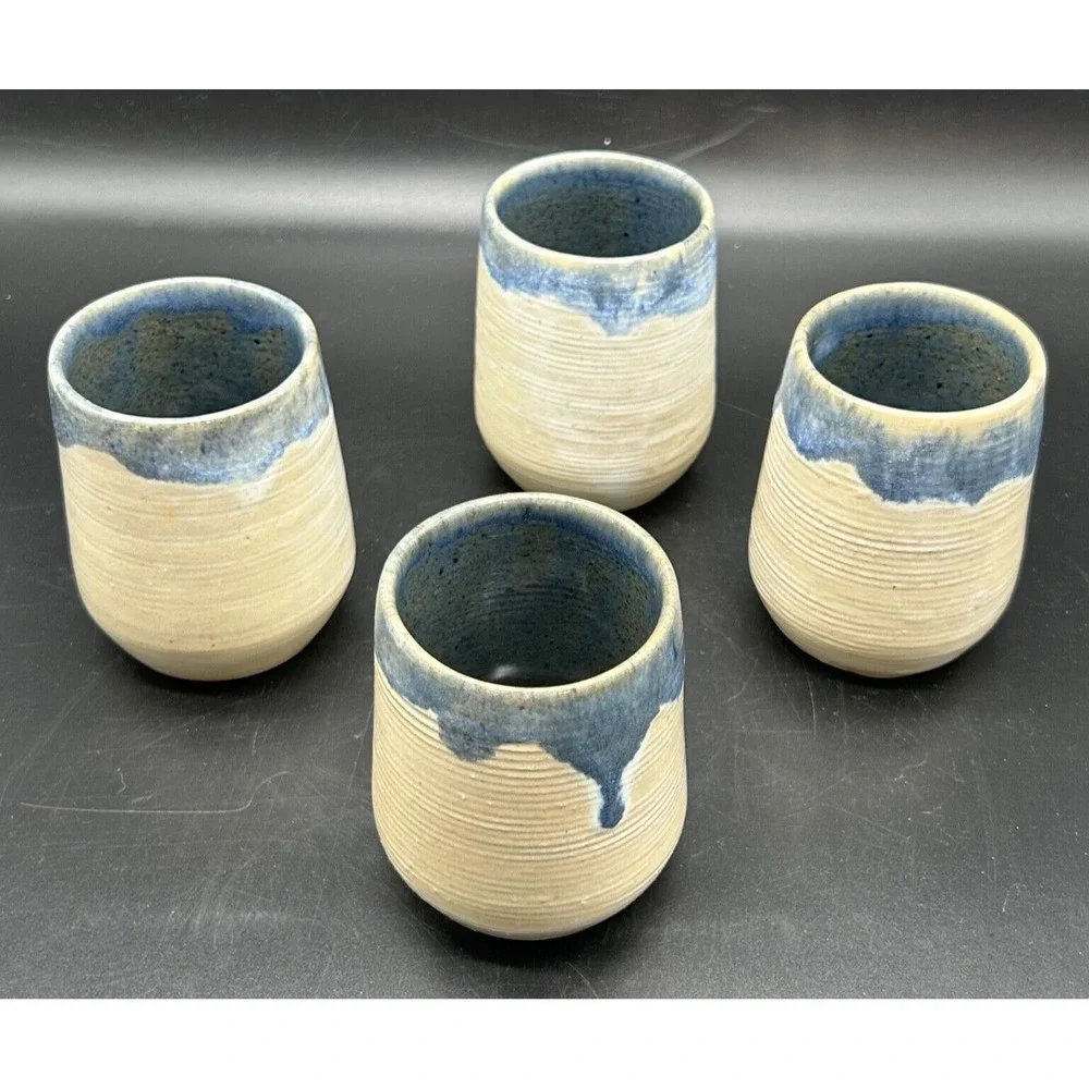 Signed Eugene Deutch Studio Art Pottery 4 Cups Vase Cream & Blue Glaze Drip MCM